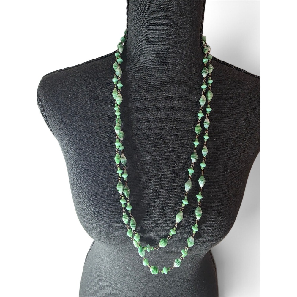 Vintage Multi-Strand Green Swirled Venetian Art Glass Bead Necklace Boho Retro